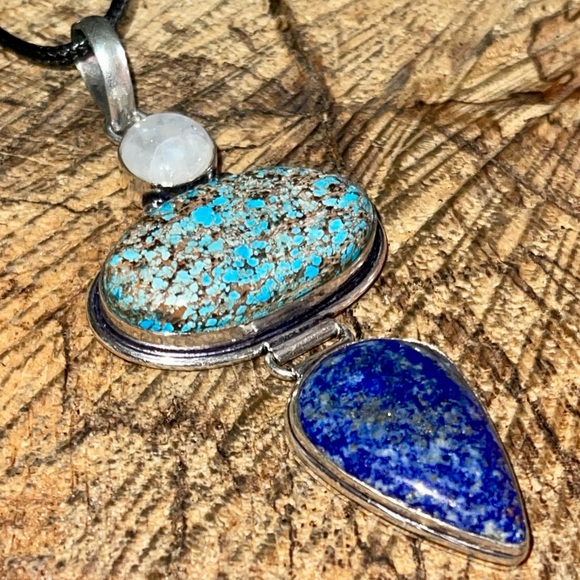 Crystal Pairing of Large Turquoise, Lapis Lazuli & Moonstone Pendant 3 1/4” - Picture 6 of 12